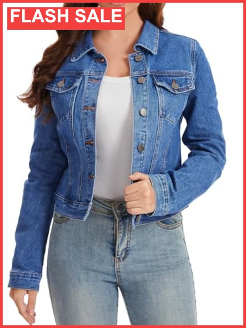 Stretch Cropped Denim Jacket Button Down Fitted Classic with Pockets